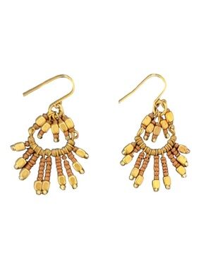 Pierced earrings, Bohemian style design. Tiered fringe w/gold and brown beads